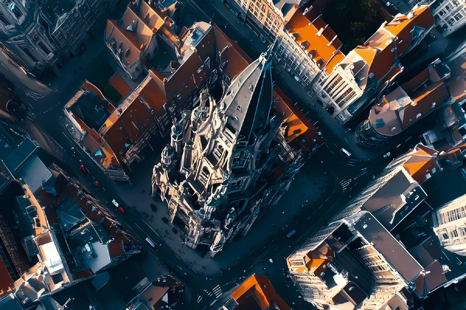 Aerial view of Antwerp with modern buildings and orange-roofed architecture, dense streets, and church spires rising between rooftops.